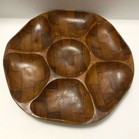 Mid Century Parquet Teak Divided Snack Tray - Picture 3 of 6